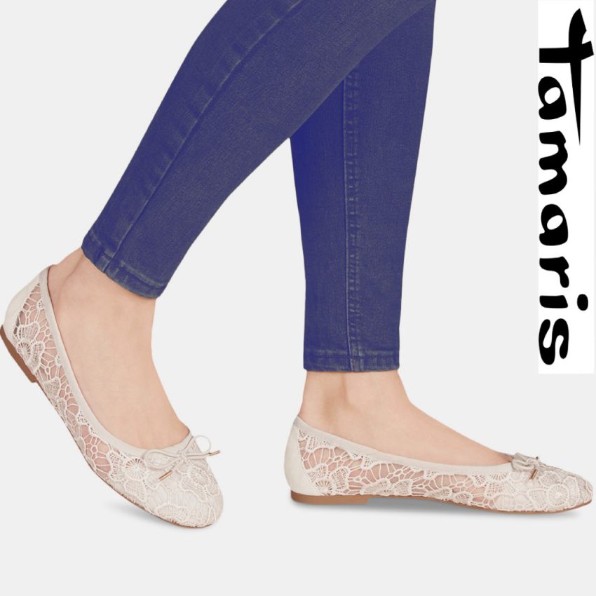 Tamaris törtfehér csipkés női bebújós cipő